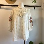 World Market White Floral Embroidered Puffed Sleeve Blouse Tassel Tie Top Size M Size M Photo 10