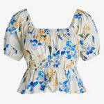 EXPRESS  Floral Square Neck Puff Sleeve‎ Peplum Top Blouse Blue Yellow Size Large Photo 5