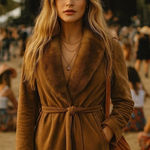 Vintage 70s Brown Suede Leather Coat Fur Collar Belted Boho Hippie Western M Size M Photo 1