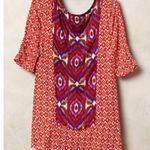 Anthropologie  AKEMI KIN Ikat Split Neck Top Orange / Red Aztec Embroidered Boho Photo 3