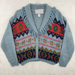 Vintage 90s Cardigan Sweater Southwestern Fair Isle Fringed Collar Blue Chunky L Size L Photo 0
