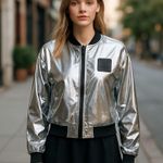 DKNY NWT  Metallic Silver Bomber Jacket All Season Y2K  Shiny Photo 0