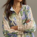 Anthropologie  Especia Lace Button Front‎ Marigold Top Blue Motif Size Small Photo 0