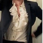 J.Crew Cream and Black Polka Dot Silk Tuxedo Ruffle Button Down Shirt Size 2 Photo 3