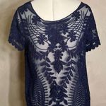 EXPRESS  Women’s Pullover Navy Blue Mesh lace short sleeve Babydoll Shirt|Size:S Photo 0
