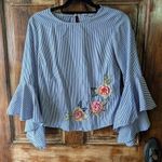 Kontrol Blue Striped Women's Top with Floral Embroidery Photo 0
