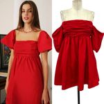 Free People Mia Square-Neck Mini Dress Red Off the Shoulder Puff Sleeve Size 6 Photo 1