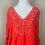 Lucy & Laurel Top Womens 1X Coral Long Sleeve Linen Blend Crochet Lace Boho Plus Photo 2