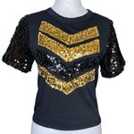 Weissman Women's Chevron Sequin Black Gold Round Neck Top Size Small Cotton Photo 0