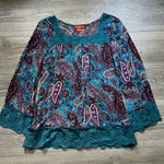 Sundance  Teal Purple Paisley Lace Square Neck Flowy Long Sleeve Blouse Size M Photo 0