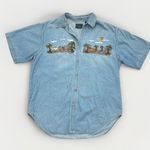 Vintage Denim Shirt Short Sleeve Women's L Embroidered Animal Scene Noah's Ark Blue Size L Photo 0