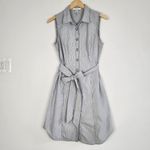 Grace Sleeveless Dress Blue Striped Midi Buttton Front Cotton Blend Tie Waist 6 Photo 9