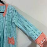 Handmade Vintage Baby Blue & Coral Open Front Cable Knit Cardigan Photo 4