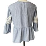 Hannah Blue Stripe Lace Detail Bell Sleeve Peplum Top, Sz M Size M Photo 1