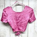 ZARA Top Women Size XS Cropped Satin Open Back Short Sleeve Pink Laced Summer Photo 0