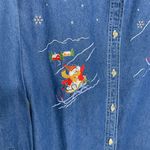 Skiing Snowman Holiday Denim Shirt Velvet Collar Sz Small Blue Photo 2