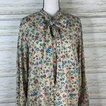 Vintage sears yellow floral pussybow neck tie office secretary blouse Size L Photo 0