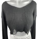 Urban Outfitters  Womens Black Rib Knit Long Sleeve Distressed Crop Sweater Top M Photo 2