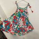 C&C California White Blue Tropical Leaf Leaves Floral Linen Tie Shoulder Dress L Photo 10