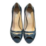 Tod's Leather Peep Toe Heels Italian Navy Blue Designer Pumps Shoes Size 39 8.5 Photo 5
