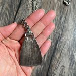 Vintage Stainless Steel Flower Engraved Etched Pendant Necklace with Long Chain Silver Photo 4