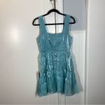 Lulus  Thriving Darling Shiny Teal Blue Mermaidcore Sleeveless Tiered Mini‎ dress Photo 7