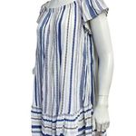 Eight Sixty Women's Off Shoulder White Blue Striped Ruffle hem Shirred Dress Photo 2