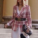 ZARA  TWEED WEAVE JACKET BLAZER W/ GEM JEWEL BUTTON RED/WHITE Size M NEW Photo 2