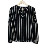 Loft  Striped Balloon Sleeve Split Neck Blouse Womens XS Black Corporate European Photo 1
