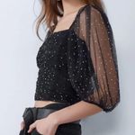 ZARA Brand New Rhinestone Tulle Puff sleeve black top Photo 3