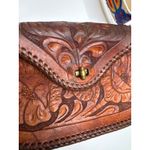 Vintage 1970s Tooled Leather Floral Crossbody Bag with Embroidered Strap Brown Photo 7