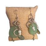 Vintage Green Sea Glass Faux Pearl Dangle Earrings Silver Tone Hook Estate 3" Photo 0