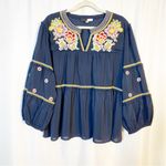 Piper & Scoot  Dance With Me Tiered Floral Embroidered Boho Peasant Top Navy Blue Photo 2