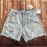 Forever 21 Women High Rise Relaxed Fit Distressed Light Blue Mom Shorts Size 29” Photo 1