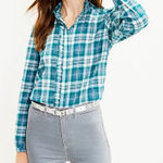 Ann Taylor Loft Shirt Size XL‎ Womens Blue Button Front Plaid Ruffle Collar Prairie Top NEW Photo 0