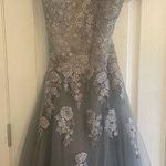 La Femme Silver/Grey Full Length cap sleeve full lace overlay evening gown, A29 Photo 0