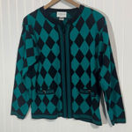 Adolfo Vintage  Green Black Cardigan L Harlequin‎ Diamond Sweater Zip Front Wool Photo 0