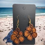 Hand Crafted Wood Hibiscus Laser Cut Dangle Pierced Hawaiian Island Earrings NEW Photo 4