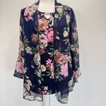 Navy Blue & Floral Top Attached Mesh Cardigan 3/4 Mesh Bell Sleeves Liz McCoy Photo 1