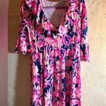 Lilly Pulitzer Pink and Blue Floral and Ruffle Midi dress navy blue hot pink Photo 0