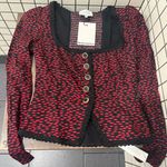 Reformation NWT Nikky Lace Trim Button Long Sleeve Top French Kiss Black Red 2 Photo 3