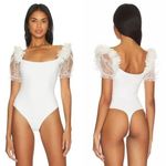 Free People Pretty Petals White Organza Puff Sleeves Thong Bodysuit Top Size XS Photo 1