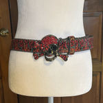 Printed Rhinestones Big Skull And Bones Buckle Red Belt Punk Goth 49” Photo 0
