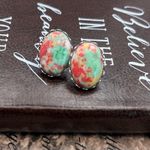 Vintage Mint Green Red Cabochon Earrings Stainless Steel Photo 1