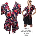 American Vintage 90'S VINTAGE GORGEOUS FLORAL BUTTON UP BABY DOLL TIE BLOUSE‎ MEDIUM. Photo 1