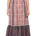 Haute Hippie NEW Tiered Maxi Dress Red Blue Floral Size 10 Prairie Boho Cowgirl Photo 0