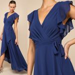 Lulus NWT  Ravishing Charm Dark Blue Ruffled Wrap High-Low Maxi Dress Wedding M Photo 4