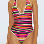 Trina Turk NEW! Plunge One-Piece Swimsuit Splash Stripe Multi Size 12 NWOT Photo 0