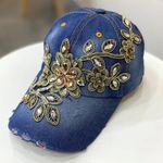 Denim Rhinestone Flower Cap Blue Photo 7