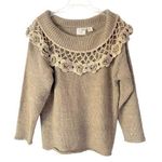 Needles & Yarn Crochet Flower Hand Knit Sage Green Tan Sweater Size Medium Photo 0